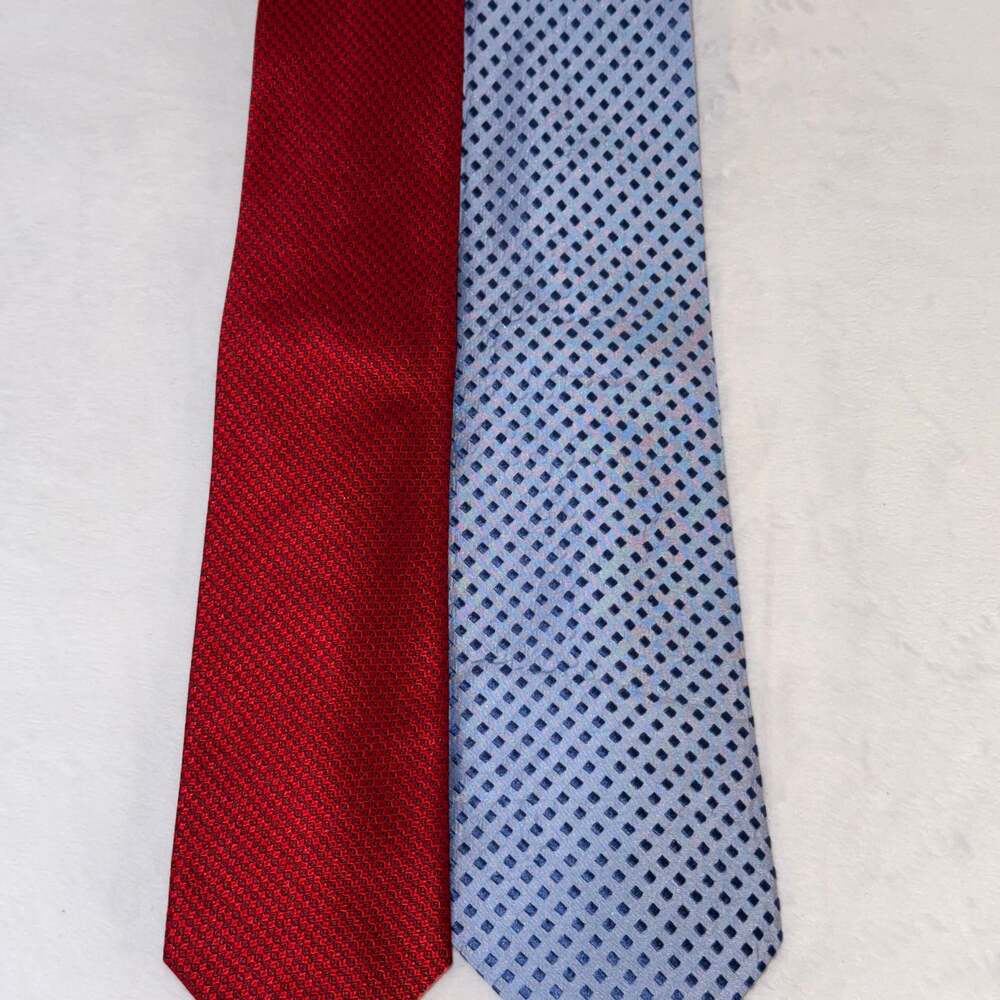 Lot of 2 Cortina 100% Silk Jacquard Ties – Red Geometric & Blue Diamond Pattern